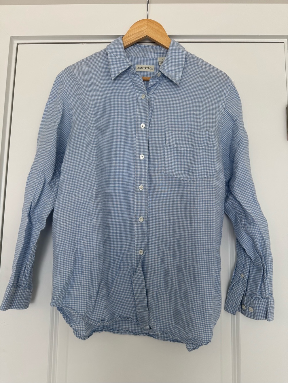 Ann Taylor Light Blue Gingham Button-Up Linen & Cotton Blouse